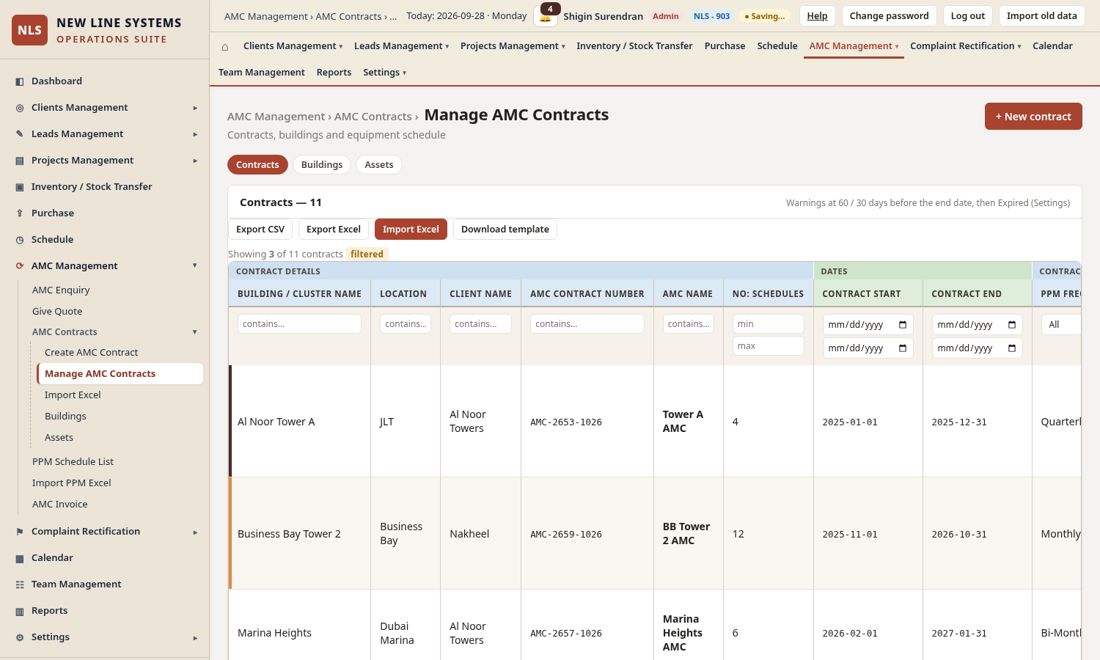 Top-right Filter: field dropdown, value and Apply; the count line shows how many contracts match.