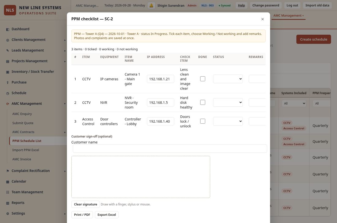 The checklist of a PPM visit with the IP Address column after Item name.
